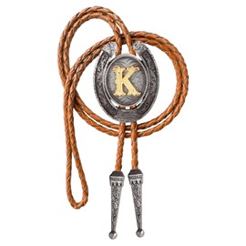 HLYMPONY Bolo tie for Men Western Cowboy Brown Leather Necktie Initial Letter ABCDJMR to Z Bolo ties for Women (K)
