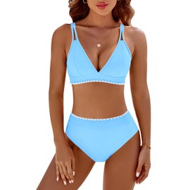 BMJL Women's Bikini Sets V Neck High Waisted Swimsuits Shell Stitched Cheeky Two Piece Bathing Suit(L,Light Blue)