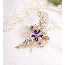Anglacesmade Bridal Sapphire Crystal Hair Comb Pearl Blue Crystal Leaf Marquise Hair Piece Prom Party Festival Wedding Hair Accessories for Women and Girls (Gold)