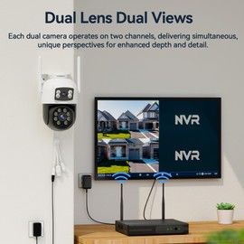 VORGUT Wireless Security Camera System Outdoor, 2pcs 2K Dual Lens PTZ Auto Tracking Cameras for Home Security, 2.4G/5G WiFi, Color Night Vision, Human Detection, 16CH NVR with 500GB HDD