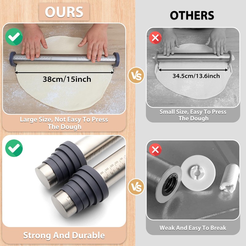 Adjustable Rolling Pin with Thickness Rings for Baking -Non Stick