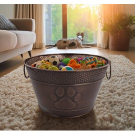 Metal Indestructible Dog Toy Bin - Storage Bin with Handles, Farmhouse Organizer Storage Basket for Pet Toys, Blankets, Leashes - Home Decor (Lead-Free Copper)