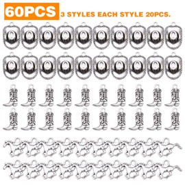 60pcs Silver Western Cowboy Charms Pendants Alloy Horse Cowboy Boot Hat Dangle Charms for DIY Earrings Bracelet Necklace Jewelry Making