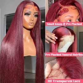 Dark Burgundy Lace Front Wigs Human Hair 13X4 HD Transparent Lace Frontal Wigs Straight #99J Wigs Human Hair 150 Density Red Wine Colored Wigs Human Hair Pre Plucked with Baby Hair Free Part 24 Inch