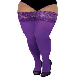 LOUSGUTA Plus Size Thigh High Stockings Silicone Lace Top Stay Up 55 Den Nylon Women's Sheer Thigh Highs Over the Knee (Violet)