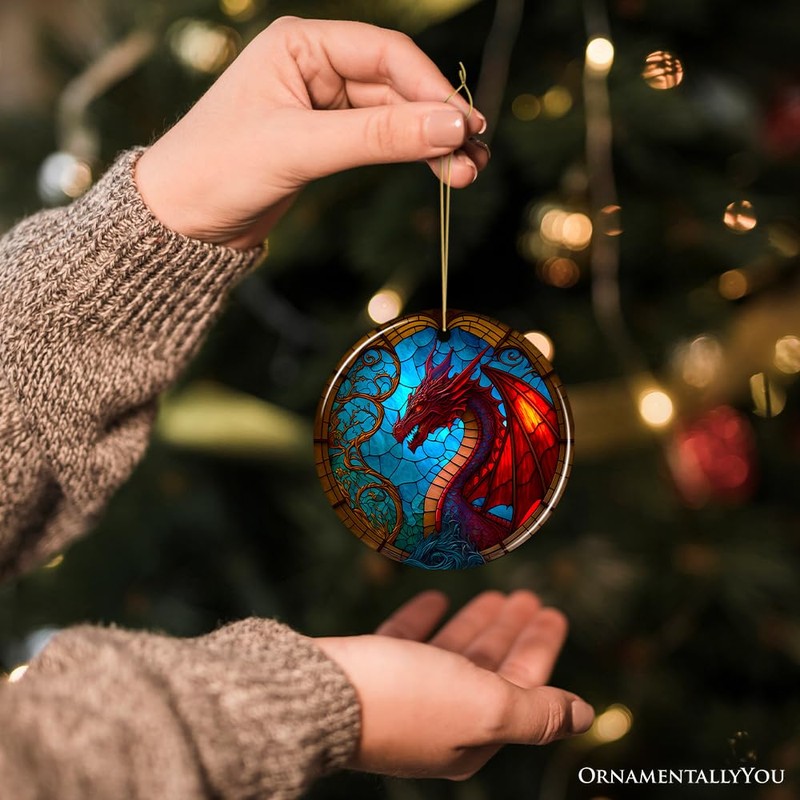 Fierce Dragon Stained Glass Style Ceramic Ornament, Unique Goth Tree