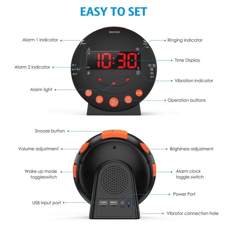 AMIR Dual Extra Loud Alarm Clock with Bed Shaker, Sonic