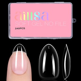 AILLSA Short Almond Nail Tips for Christmas, 15 Sizes 240PCS Preshaped Soft Gel Clear Nail Tips Full Cover False Nail Tips Short Almond Shaped Nail Tips