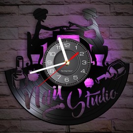Timethink 12 Inch Nail Salon LED Vinyl Record Wall Clock with 7 Luminous Modes for Nail Studio, Nail Tech Wall Decor Vintage Silent Non Ticking Night Light Wall Clock Nail Room Decor for Home Studio