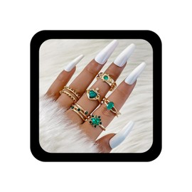 Wendalern Stackable Rings Set for Women Dainty Emerald Green Crystal Heart Square Knuckle Rings Stacking Diamond CZ Crown Star Index Finger Rings Aesthetic Jewelry for Women