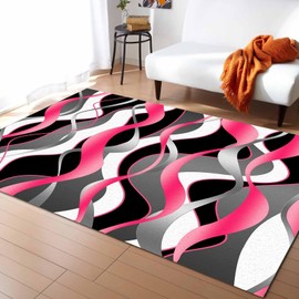 5' x 7' Area Rug, Pink Black Grey Non-Skid Rubber Backing Large Rectangle Rugs - Living Room Bedroom Home Office Modern Moire Geometric Abstract Art Indoor Floor Mat Carpets
