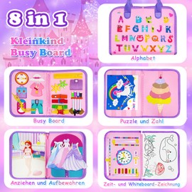weirtoya Busy Board 8 in 1 für Kleinkinder ab 2 Jahr Activity Board Baby Sensorisches Montessori Spielzeug mit Lebenskompetenzen, Rätseln, Anziehsachen, Kleinkinder Reisespielzeug Einhorn Spielzeug