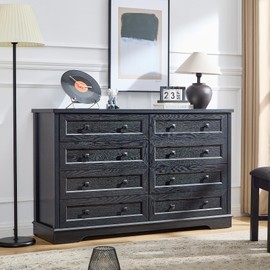 SOOWERY Dresser for Bedroom, Farmhouse Dresser with 8 Wooden Drawers and Storage Cabinet, 55 Inches Wide Chest of Drawers for Bedroom, Living Room, Hallway, Black