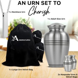 Set of 4 Silver Pewter Decorative Urns for Adult Human Ashes Male & Female Includes 1 Large Urn with 2 Small Keepsakes & 1 Necklace for Ashes