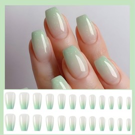 24Pcs Gradient Green Press on Nails Medium Square Fake Nails Glossy Full Cover Glue on Nails Nude Gradient Designs Reusable Static Acrylic False Nails Ballerina Artificial Stick on Nails for Women