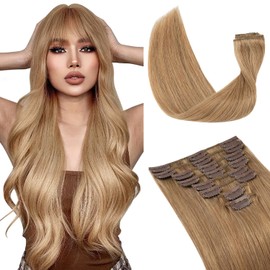 S-noilite 16 Inch Clip in Hair Extensions 100% Human Hair 8Pcs 18Clips Normal Weft Full Head Clip in Hair Extensions for Women Straight Dark Blonde Real Hair Extension(65g,#27 Dark Blonde)