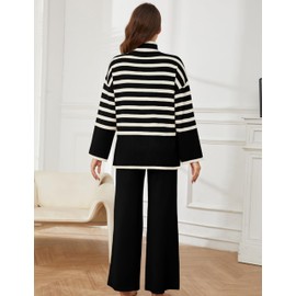 Tanming Women's Sweater Sets Long Sleeve Striped Jumper Tops Casual Knit Wide Leg Pants Sets (Black-L)