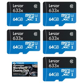 Lexar 64GB microSDXC UHS-I U1 Class 10 633X High-Performance Memory Card for HD Video, 3D and 4D with SD Adapter - 5 Pack + Microfiber Cloth