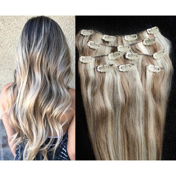 Hair Faux You 24" Double Weft 100% Remy Human Hair Clip in Extensions Highlighted Full Head Thick Long Soft Silky Straight 100 Grams 7pcs 14clips Color #8/613 Ash Brown mixed with Platinum Blonde