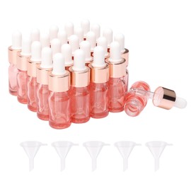 JIUWU 25Pcs 5ml Glass Dropper Bottles with Glass Eye Pipette, 1/6Oz Pink Sample Dropper Vials Empty Travel Essential Oil Perfume Glass Tincture Bottles Vials, 5 Funnel Include