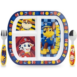 Sorrisini Wiederverwendbares Geschirr-Set, 3-teiliges Teller-Set, Entwöhnungsset für Babys mit Teller, Besteck aus Edelstahl, Kunststoffteller, mikrowellengeeignet, Paw