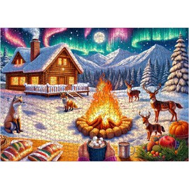 crowm Jigsaw Puzzles for Adults 1000 Pieces, Winter's Night Bonfire Families Puzzle, Challenging Aurora Puzzle Christmas Perfect for Game Nights Animal Snowy Foxes Deer Large Puzzles