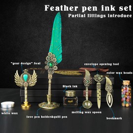 Aifeiter Quill Pen ink Set,Feather Pen Ink Set,Wax Seal Stamp Set,Feather Calligraphy Pen Set,Beautiful Gift Calligraphy Set,Christmas Gifts-green
