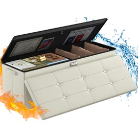 ENGPOW Storage Ottoman,Fireproof Folding Storage Bench with Lock(15”x 43”x15”),Waterproof Leather Storage Bench Chest with Handles＆2 Extra Storage Boxes,Storage Safe for Living Room,Bedroom,Beige