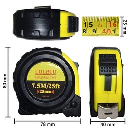 LOLBIU 7.5M/25FT [Retractable Tape Measure] with Impact Resistant Rubber Covered Case, Strong Lock, Compatible with Imperial and Metric
