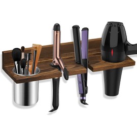 Organizador de Herramientas para el Cabello Montado en la Pared - Soporte de Secador de Madera, Soporte para Secador de Pelo para Baño, Organizador de Herramientas de Estilo Rústico para