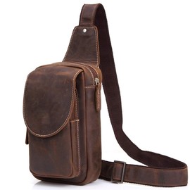 KOSSJAA Herren Brusttasche Retro, Sling Bag aus echtem Leder, Vintage Schultertasche für männer, Crossbody Bag Camping Wandern Radfahren Reisen (retro braun)