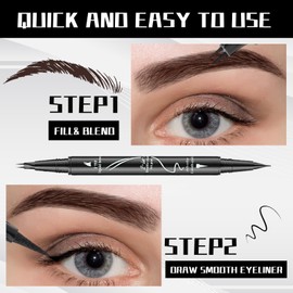Curved 2 Tip Eyebrow Pen-Brown Eyebrow Pencil With Black Eyeliner 2-in-1 Dual-Ended Create Natural Hair-Like Brows,Waterproof,Smudge Proof,Long Lasting All-Day