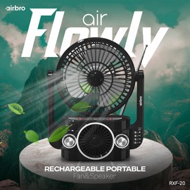 Airbro Rechargeable Camping Fan with Bluetooth Speaker & Radio – 3-Speed, AM/FM/SW Tuner, MP3 Playback, Type-C Charging – Compact, Lightweight, All-in-One Gear for Hiking & Outdoor Use