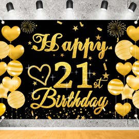 Qpout 21st Birthday Banner, 70.8x43.3 Inch Happy 21st Birthday Backdrop Banner Large, Black and Gold 21st Birthday Decorations Banner for Her Him Boys Girls Legal Adult Party