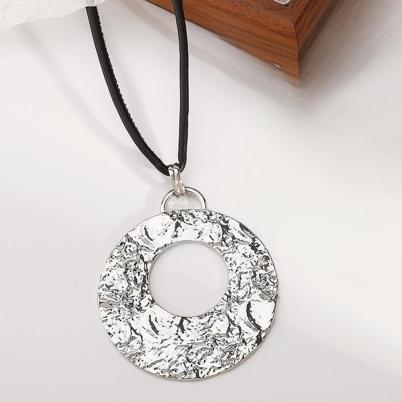Douxsu Black Leather Rope Silver Circle Necklace for Women (Silver)