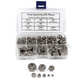 304 Stainless Steel Hex Nut Assortment Kit M2.5/M3/M4/M5/M6/M8/M10/M12 (205 Pieces)