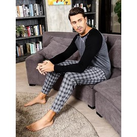 Litherday Men's Pyjamas Sets Long Sleeve Cotton Plaid Nightwear Classic Sleepwear Soft Lounge Wear Top Pjs Set with Pockets(Grey,XXL)