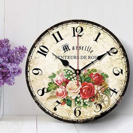 SWHONG Shabby Chic Floral Wall Clocks, Vintage Round Wooden Silent Clock for Living Room Bedroom Home Kitchen Decor Gift, 10 Inch