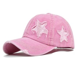 Washed Scratch Frayed Baseball Cap Retro Adjustable with Five-Pointed Stars for Men Women Trucker Cap Unisex, Pink, Medium