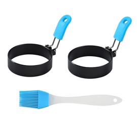 FUZVOL 2 Pcs Egg Rings Moulds Stainless Steel Non Stick Eggs Ring with 1 Oil Brush and Anti-Scald Folding Handle for Frying Cooking Pancake Meat Patty Breakfast （Blue）