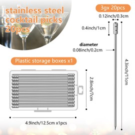 Cocktail Picks, 20 PCS Upgrade Stainless Steel Toothpicks Martini Olive Skewers, Reusable Metal Drinks Skewers Garnish Sticks (silver square)