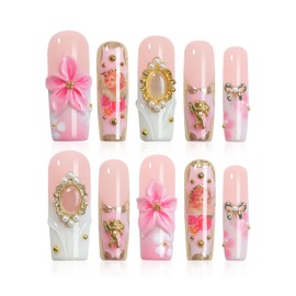 XGV Long Handmade Press on Nails - 3D Press on Nail With Flower, Pretty & Reusable for Daily Wear