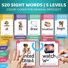 QUOKKA 520 Sight Words Flash Cards for Kids – 5 Levels from Pre-K to 3rd Grade – Bold Font & Jumbo Size & Dry Erase Color-Coded Cards with Rings for Sorting – Based on Dolch & Fry Word Lists