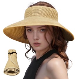 Sun Visor Hat with Wide Brim for Women Ladies UK, Foldable Straw Hat with Roll Up Packable for Summer Vacation. (UK, Alpha, One Size, Khaki)