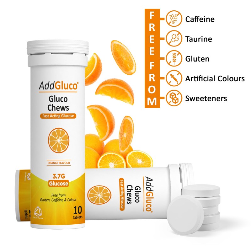 AddGluco Gluco Chews| Fast-Acting Glucose Chewable Energy Tablets | Orange