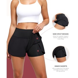 Cosmolle 2 in 1 Running Athletic Shorts for Women Tennis Shorts with Liner Jogging Shorts with Back Zipper Pocket (Black, Medium)