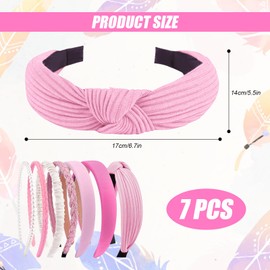 Beaded Non Slip Headbands for Women, 7 Pack Knotted Plastic Hairbands, High Cranial Top Fit, Fashion Elastic Hair Accessories, Perfect for Washing Face Daily Use (Pink, One Size)