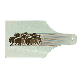 Lunarable Bison Cutting Board, Group of Buffalo Running Designed on Line Rainbow Tale American Wildlife Illustration, Decorative Tempered Glass Cutting and Serving Board, Wine Bottle Shape, Multicolor