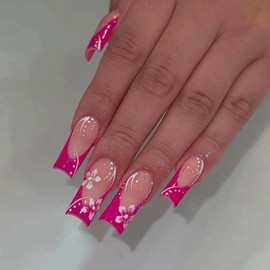 MISUD Press on Nails - Long Square Glue on Nails with Hot Pink, Acrylic Summer Flower Design 24 pcs
