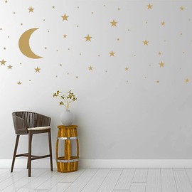 Moon and Stars Wall Decal Vinyl Sticker, Removable Children Kids Art DIY Sticker Mural for Baby Boy Girls Room Decoration Good Night Nursery Wall Decor Home House Bedroom Design (Golden)